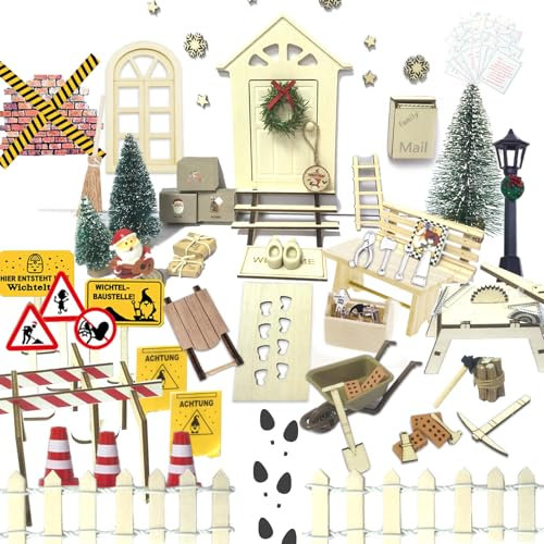 XSYKJGS Wichteltür Set, 86 Stück Wichtel Zubehör Baustelle Set, Wichteltür Zubehör Weihnachten Komplettset inkl. Wagen, Tischkreissäge, Briefumschläge, Leiter, DIY Weihnachten Geschenk für Kinder