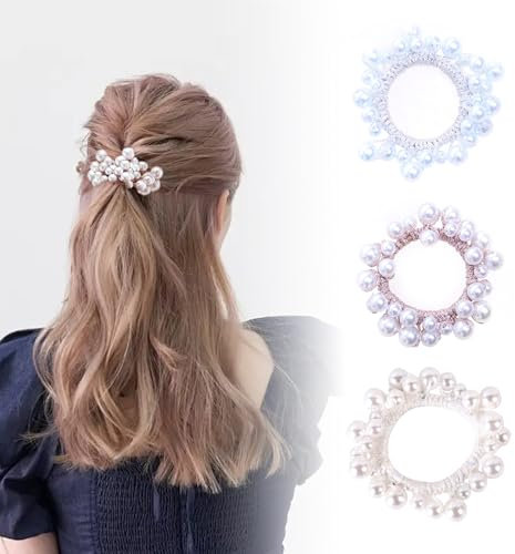 3-Stück Haarschmuck Damen,Haargummi Damen Boho Accessories,Pony Puffin Aarspangen Pearl Perlen,Haargummis Damen Frisurenhilfe Hair mit Buntes,Pferdeschwanz Schleife Elastisches Hochsteckfrisuren