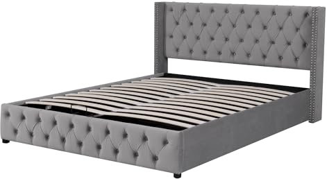 Luxury Upholstered Hydraulic Storage Bed with Lift-Up Mechanism,Platform Bed Frame with High Headboard for Comfort,Ample Storage,Sturdy Construction,Noise-Free,for Bedroom Decor (Grey,King)