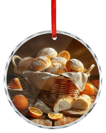 Christmas Tree Round Glass Pendant Basket of Bread Printed Crystal Glass Christmas Ornaments Xmas Decoration for Holiday Wedding Indoor Outdoor