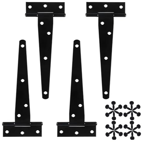 Zydiwo 4 bisagras en T resistentes negras en forma de T con tornillos para puertas de cobertizo, vallas de madera, puertas de jardín, ventanas (6 pulgadas)