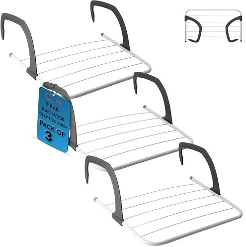 Laundry Mate Radiator Airer 5 Bars – Over Door Clothes Airer, 3Pack Adjustable Folding Radiator Drying Rack for Towels & Laundry, Space Saving Cloth Drying Rack for Radiators, Doors & Baths