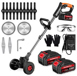 Cordless Strimmer, 15cm Cutting Width, Electric 21V Grass Trimmers with x 4.0Ah Batteries& Fast Charge& Metal Blade, Garden Strimmer Grass Strimmer for Clearing Weeds Flower Lawn Trees