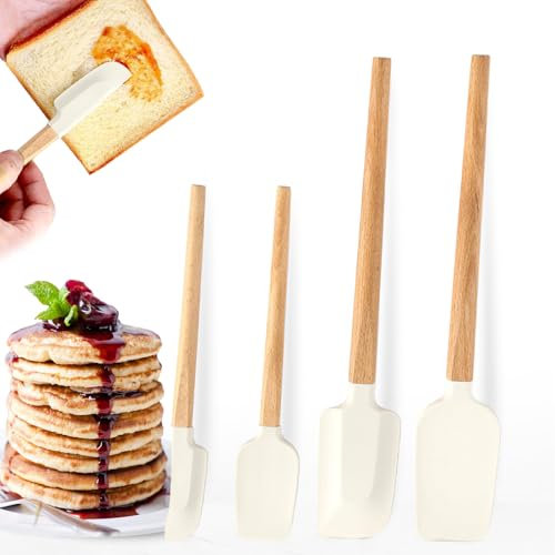 Silikon Spatel, 4 Stück Teigschaber Silikon Küche Silikonspatel mit Holzgriff Bpa Frei Klein Schaber Schmal Antihaft Silicone Spatula Set für Backen Mischen Kochen