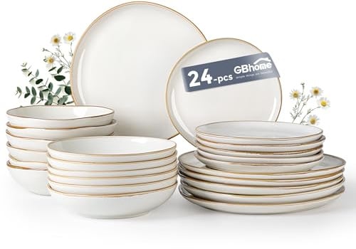 GBHOME Stoneware Dinner Sets for 6 People, 24 Pieces Handcrafted Plates and Bowls Set, Scratch Resistant Dinnerware Set, Dishwasher & Microwave Safe