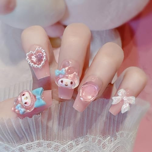 - 24Pcs Cute Kawaii 3D False Nails - Nude Pink Design Fake Nails with Glue - Acrylic Full Cover Fake Nails Women Girls Nail Art Accessories Pink