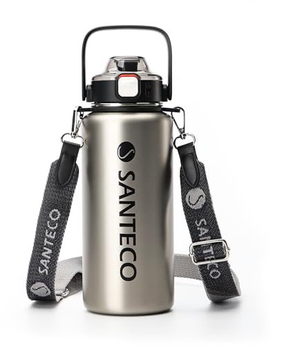 SANTECO Thermos in acciaio inox con cannuccia, borraccia da 1,2 l, senza BPA, con tracolla rimovibile, a prova di perdite, lavabile in lavastoviglie, per corsa, escursionismo, acciaio