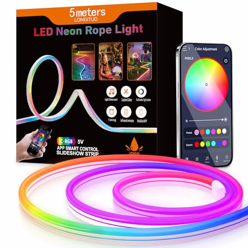 Aurevita Tira LED Neón RGB IC, Manguera LED Bluetooth 5V para Pared, Tira de Luz Exterior, Control por App, Sincronización Musical, Ideal para Decoración de Sala de Juegos (5m RGBIC Bluetooth)