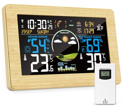 Stazione Meteo con Sensore Esterno Interno, Stazione Meteorologica Display a Colori con Temperatura, Umidità, Tempo Data, Barometrico, Sveglia, Previsioni del Tempo, Retroilluminazione Regolabile