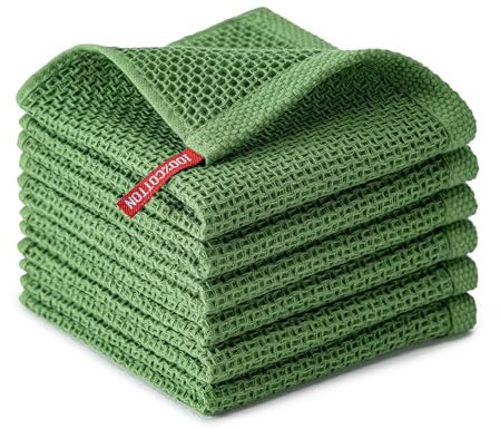 BOOMIBOO 6-Pack Kitchen Dish Cloths, 100% Cotton Waffle Weave, Ultra Soft Absorbent, Quick Drying Dish Towels, 12x12 Inches,Grass Green