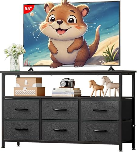 Wooruy 55 Inch TV Stand with Storage Drawers Shelf,TV Unit Cabinet for Living Room,Dining Room and Bedroom,Chest of Drawers,Bedroom Dresser with 6 Fabric Drawers,Black 47.2 L x 11.8 W x 26.8 H