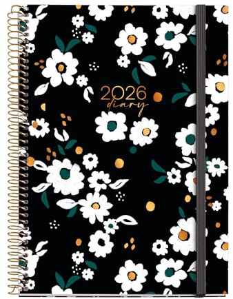 Miquelrius Kalender 2026, Tag pro Seite, ähnlich A5+ (155 x 213 mm), Tagesplaner, fester Kartoneinband, Spiralbindung, Gummizugverschluss, Papier 80 g/m², Spanisch-EN-PT, Noir Garden