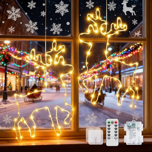 Vleuexe Luces Ventana Navidad 2 Piezas LED Renos iluminados Luce Exterior a Pilas,Renos Luminosos Impermeable Luces Navideña Colgantes conTemporizador,mando a distancia para Balcón Adornos Decoración