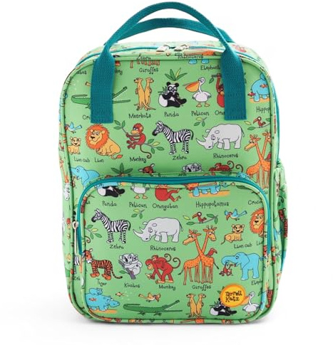 Tyrrell Katz Jungle Printed Backpack in Green - Double Zip Kids School Rucksack with Bottle Pocket, Twin Handles & Adjustable Straps · Fits A4 Books · Made from Recycled Polyester