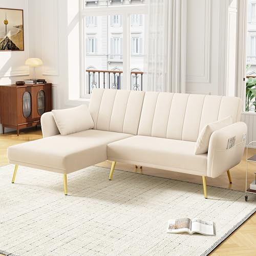 Arhatreya 3 Sitzer L-förmiges Sofa Ecksofa Modern Couch, 3er Sitzsofa, Schlafsofa mit Zusatzecke, Klappsofa für Wohnzimmer, Schlafzimmer, Wohnung, Heimkino, Samtstoff, Beige