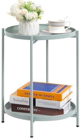 HollyHOME Beistelltisch Metall Rund Balkontisch Klein Couchtisch | Nachttisch Sofatisch 2 Ebenen Beistelltisch für Wohnzimmer Schlafzimmer Terrasse Outdoor, Cyan