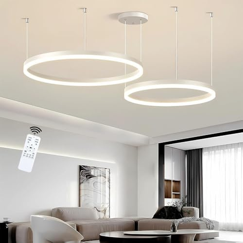 LIUYU LED Pendelleuchte 2 Ringe Weiß Modern | Wohnzimmerlampe Hängend 68W 4760LM 60+80cm, Dimmbar mit Fernbedienung & 120cm Höhenverstellung | Aluminium & Acryl