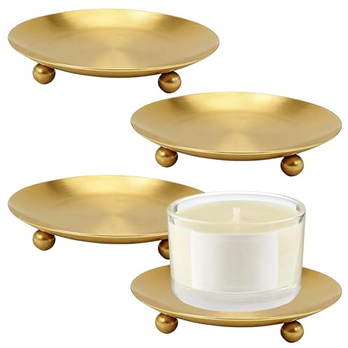 Candle Holder Plates, Set of 4 Round Metal Candle Holder - 11cm, Gold | Tray Candle Stand Pillar Candle Holders Candle Plates for Christmas Halloween Wedding Party Pray Spa