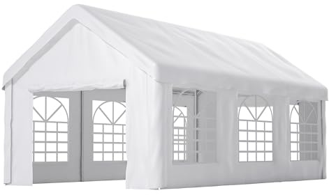 Carport 299x598x283cm, Zeltgarage Winterfest mit Roll-up-Tür & Abnehmbaren Seitenwänden, Großes Garagenzelt inkl. Solarlampen & LED, Für Auto, SUV & LKW, Weiß