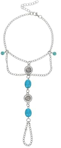 meberg Karma NH10494366 Fußkettchen mit Zehenring Boho Silber Türkis Fußschmuck Urlaub Strand Abendmode Accessoires Sommer Beach Festival Fußkette verstellbar