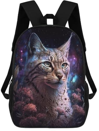 sinyumoney Galactic Lynx Celestial Feline Art Schultaschen Großer Wasserabweisender Laptop-Rucksack - Perfekt Für Reisen, Arbeit Und Den Täglichen Gebrauch 17inch