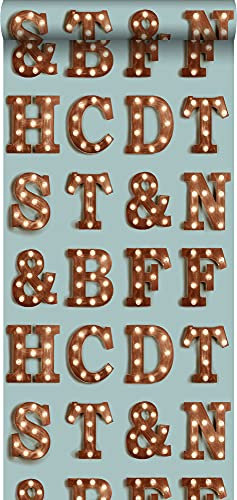 papier peint lettres lumineuses en bois – marquee vintage bleu et brun sépia 53 cm x 10.05 m - ESTAhome