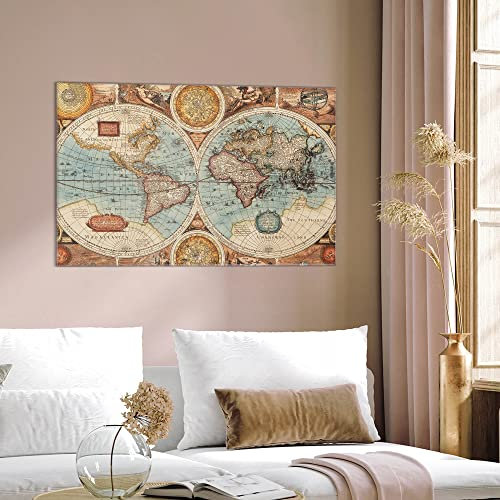 banjado Glas Magnettafel 75x50cm / Magnetwand Glas/Magnetpinnwand als Memoboard Glas/Pinnwand Magnettafel Küche, Büro, Kinderzimmer inkl. 4 Magnete & Montageset - Historische Weltkarte