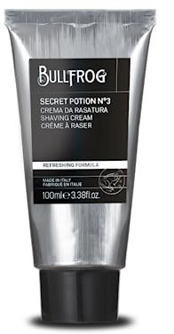 Bullfrog Rasiercreme Secret Potion N.3 Nomad Edition 100 ml – macht den Bart weich – hinterlässt die Haut frisch und glatt – Meeres-, Holz- und Bernsteinnoten – hergestellt in Italien