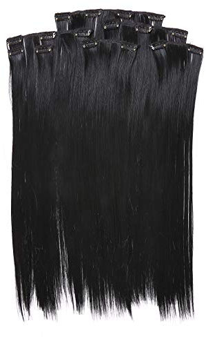 Prettyland 7-teilg SET Statik-frei Clip-In 50cm glatt lang-Haar strähnen Haarteil Haarverlängerung tief Schwarz 01