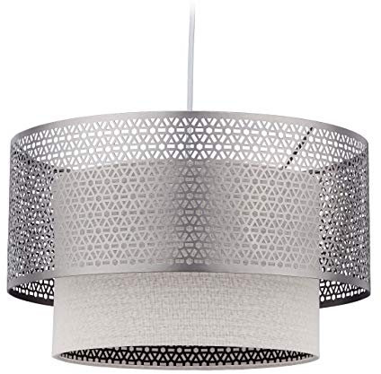 Relaxdays Hängelampe, 1-flammige Esstischlampe, runde Lampenschirme, E27 Pendellampe, Eisen & Leinen, 40,5 cm Ø, silber