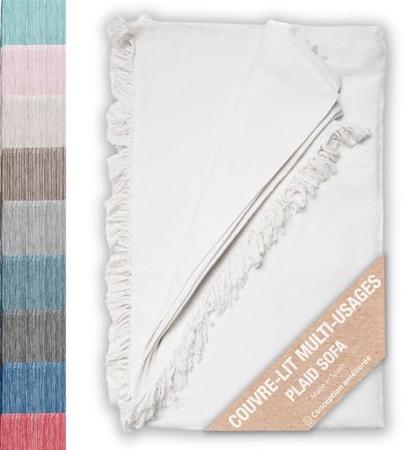 Couvre-lit multi-usages; Plaid Sofa, Plaid Foulard, Couvre-canapé, Foulard pour canapés en coton et autres fibres. Fabriqué en Espagne. Housses de canapé (Écru uni 01, 180x260cm.)