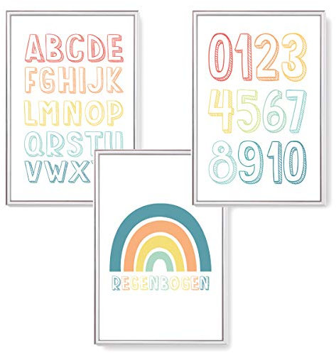 Himmelzucker Premium Wandbilder 3er set für Kinderzimmer Babyzimmer Poster DIN A4 Kinder Kinderposter Junge Mädchen Dekoration Bilder ABC Alphabet Zahlen Regenbogen (ABC & Regenbogen) (A4 ohne Rahmen)