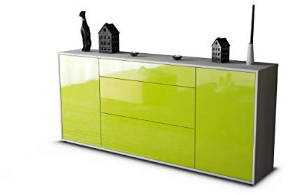 Stil.Zeit Sideboard Amandus, Korpus Weiss matt, Front Hochglanz-Design Limettengrün (180x79x35cm) Push-to-Open Technik & Leichtlaufschienen