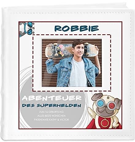 Maverton Einsteckalbum + mit Aufdruck - für 200 Fotos 10x15-100 weiße Seiten - Größe 21x22cm - Weiß - Geschenk für Teenager Jugendliche zum Geburtstag - Superheld