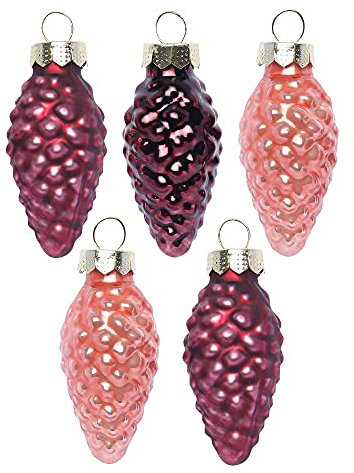 Inge Glas Magic Mini Weihnachtskugeln Zapfen 4,5cm 12 Stück Glas in Karton-Box (Vintage Rose | Bordeaux rosa)