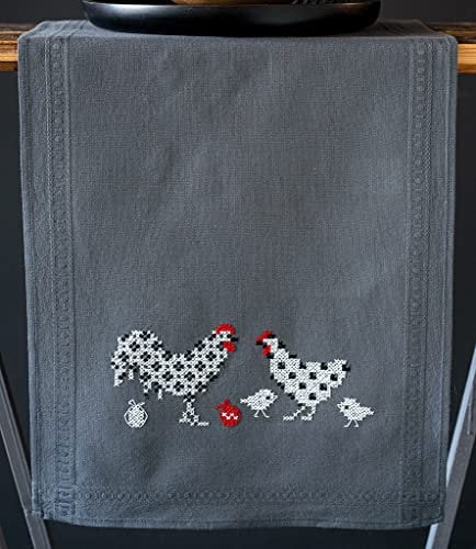 Vervaco Stickpackung Kreuzstich Set Vorgedruckt Tischläufer Hahn und Henne Stickdecken Vorgezeichnet DIY Basteln Erwachsene Kreativ Stickläufer zum Selbersticken 40 x 100 cm Stickset