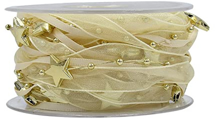 5m Perlengirlande mit Organzaband,15mm Stern Perlenband,Geschenkband,Schleifenband,Dekoband Hängedeko Tischdeko Dekokette für Hochzeit Weihnachten Valentinstag Taufe Geburtstags Geschenke,Gold