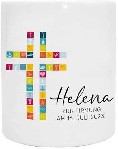 Personalisierte Spardose mit Wunschnamen als Geschenk zur Kommunion/Konfirmation/Firmung mit Namen, Datum und Wunschtext für Mädchen und Junge | Kreuz Bunt