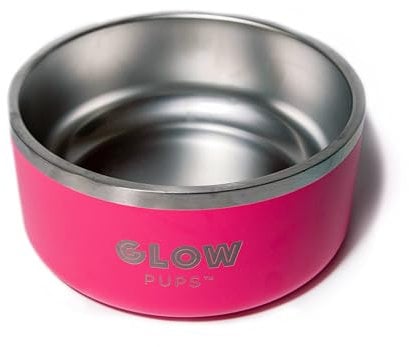 Glow Pups Bright Pink Dog Bowl for Small Dogs, 32 oz Non Slip Stainless Steel Pet Bowl, Vacuum Insulated Pet Bowl That Keeps Water Cool (32 oz, Bright Pink)