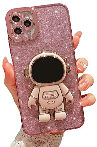 MGQILING Compatible for iPhone 11 Pro Max 6.5 Inch Bling Plating Astronaut Hidden Stand Case, Cute 6D Stand Glitter Phone Case for Women Girls Soft TPU Shockproof Back Cover - Pink