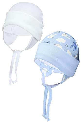 TupTam Baby Erstlingsmütze mit Ohrenklappen 2er Pack, Farbe: Kaninchen Hellblau/Weiß, Größe: 50-56