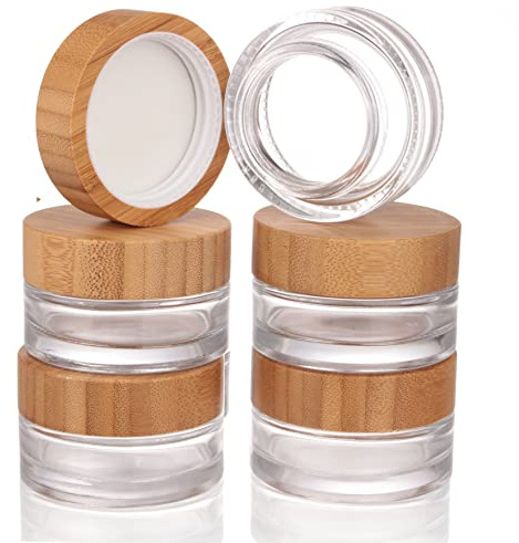 COSIDEA 5 x 30 g / 1 oz leere Glasdosen aus klarem Glas, rund, mit Bambusdeckel, nachfüllbare Bambus-Cremetiegel für Reisekosmetik für Lippenbalsam, Salben, Verpackungen