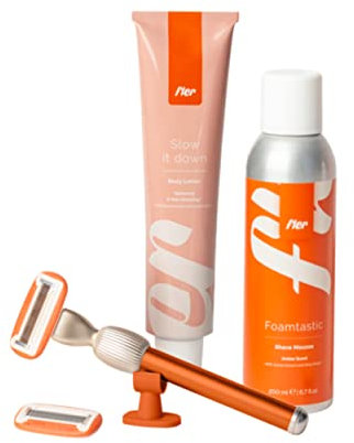 Fler Smooth Skin Set - Rasoio Donna con Supporto e 2 Lamette di Ricambio, Rasoi Unisex, Set con Mousse per la Depilazione e Crema Corpo Lenitiva, Lametta con Aloe Vera, Arancio Sicily