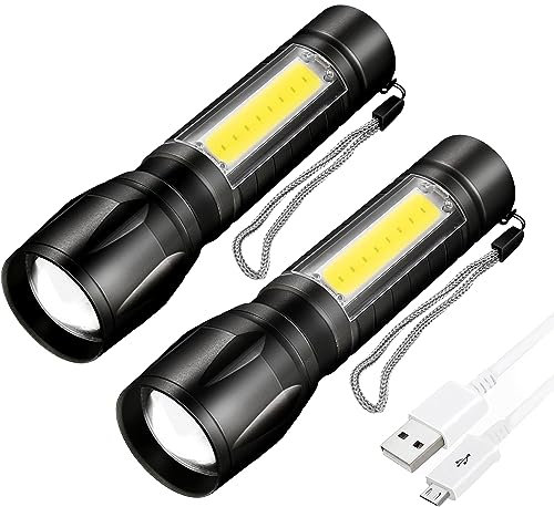 Dunamis LED Torch Rechargeable, Super Bright Adjustable Focus Flashlight, 3 Lighting Modes, Long Battery Life, Waterproof Pocket Size Lamp for Emergency, Camping, Hiking, Outdoor (Pack of 2 Torches)