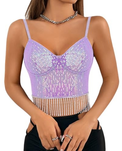 Segreto Damen Glitzer Pailletten Tanktop Sexy Strass Quaste Ärmellos Spaghettiträger Crop Top Trägertop Festival Party Club Lila Camisole