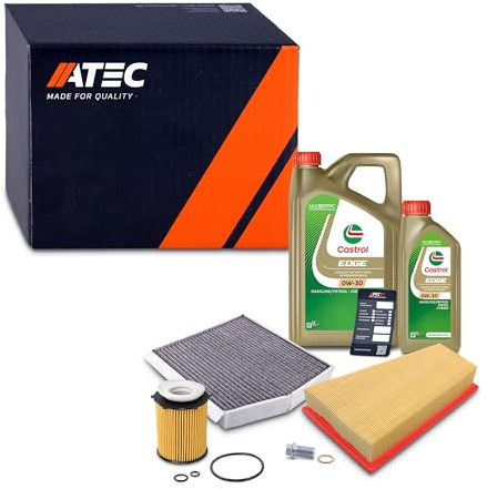 ATEC Germany Inspektionspaket Filterset mit 1x Ölfilter, 1x Innenraumfilter, 1x Luftfilter, 6l Motoröl 0W-30 EDGE Kompatibel mit MERCEDES CLA (X117)(C117), GLA (X156), A-Klasse (W176), B-Klasse