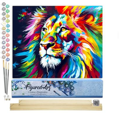 Figured'Art Peinture par Numéro Adulte avec Cadre Lion Coloré Abstrait - Activité Manuelle Kit de Loisir Créatif DIY Numéro d'Art Complet Animaux - 40x50cm avec châssis en bois à monter