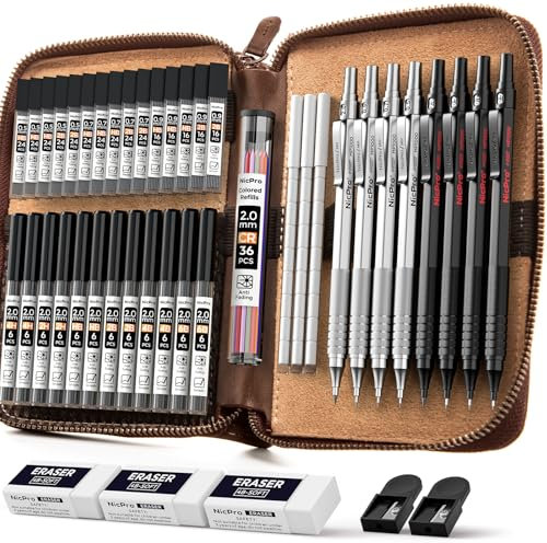 Nicpro 45 pièces porte mine en métal noir et argent avec étui en cuir, porte-mines de 0,5, 0,7, 0,9 mm et 2 mm pour croquis et dessin, avec 27 tubes de recharges (couleurs 6B, 4B, 2B, HB, 2H, 4H)