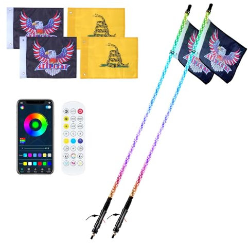 VEVOR Lot de 2 Fouets Lumineux LED de 122 cm avec Télécommande APP et RF, Étanche à 360° en Spirale RVB avec 4 Drapeaux, Éclairage pour UTV, VTT, Motos, RZR, Can-Am, Camions, Tout-terrain, Go- karts