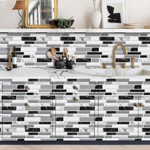 Arthome Graue Marmor Mosaik Ziegel Selbstklebende Tapete 44cmx6m Abziehbare und klebende Kontakttapete für Schränke und Schubladen Vinyl Wasserdichte Dekorative Folie Abnehmbar